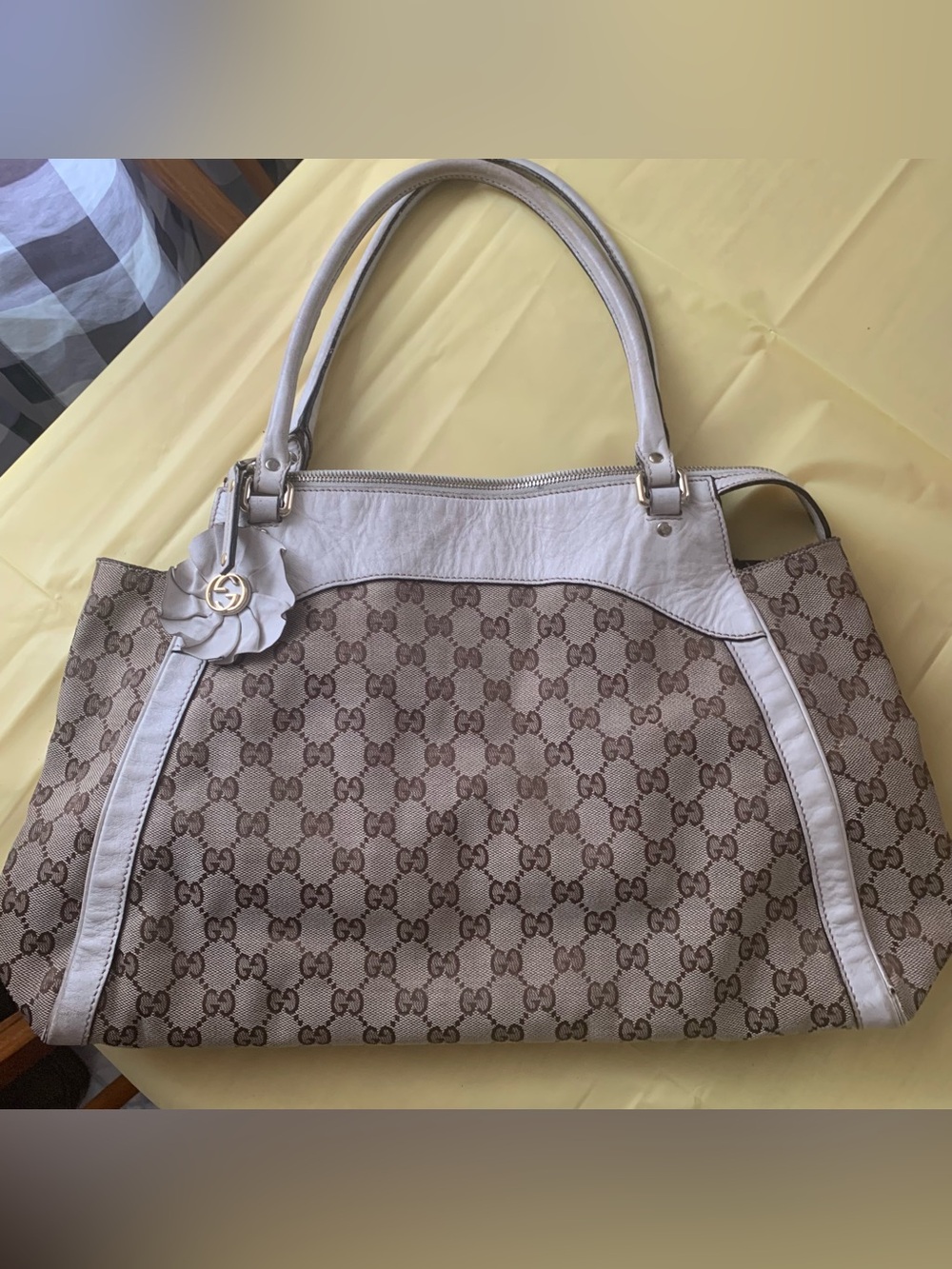 Gucci Beige/Brown Monogram Tote with Cream Trim and Floral Charm - Vintage